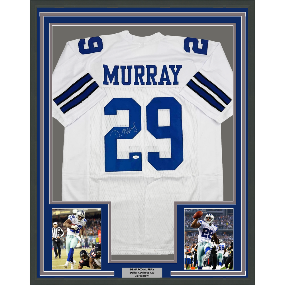 Framed Autographed/Signed DeMarco Murray 35x39 Dallas White Football Jersey JSA COA (ONLINE ORDER ONLY)