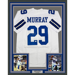 Framed Autographed/Signed DeMarco Murray 35x39 Dallas White Football Jersey JSA COA (ONLINE ORDER ONLY)