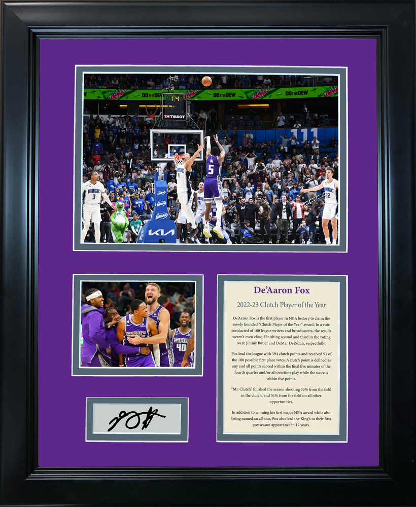 Framed De'Aaron Fox 2022-23 Clutch Player of the Year Facsimile Laser Engraved Signature Auto Sacramento Kings Basketball 11"x14" Photo Sig Collage (ONLINE ORDER ONLY)