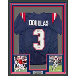 Framed Autographed/Signed DeMario Douglas 35x39 New England Blue Football Jersey Beckett BAS COA