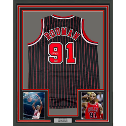 Framed Facsimile Autographed Dennis Rodman 35x39 Chicago Black Pinstripe Reprint Laser Auto Basketball Jersey (ONLINE ORDER ONLY)