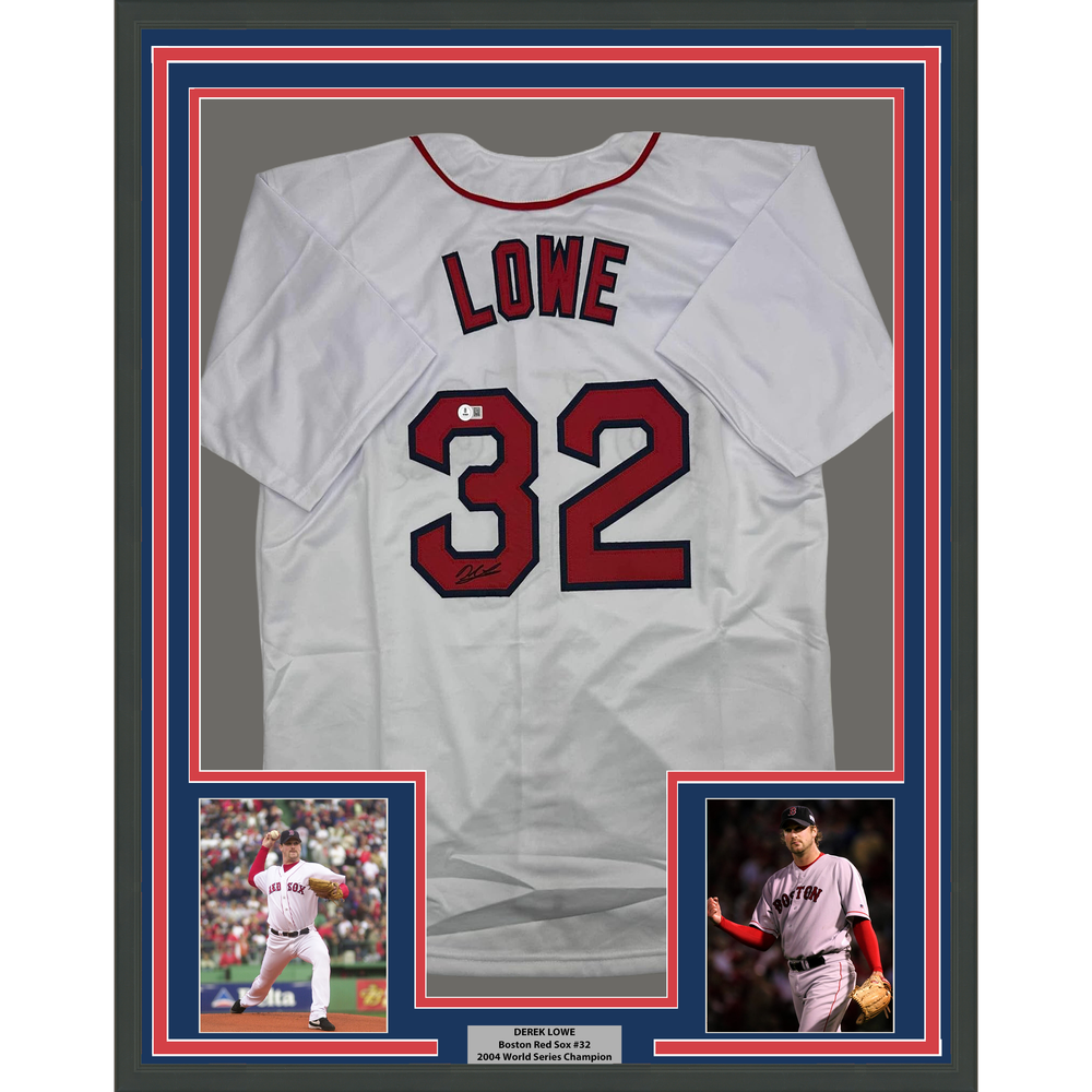 Framed Autographed/Signed Derek Lowe 35x39 Boston White Baseball Jersey Beckett BAS COA