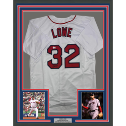 Framed Autographed/Signed Derek Lowe 35x39 Boston White Baseball Jersey Beckett BAS COA