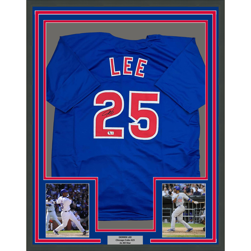 Framed Autographed/Signed Derrek Lee 35x39 Chicago Blue Baseball Jersey Beckett BAS COA
