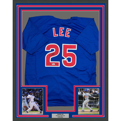 Framed Autographed/Signed Derrek Lee 35x39 Chicago Blue Baseball Jersey Beckett BAS COA