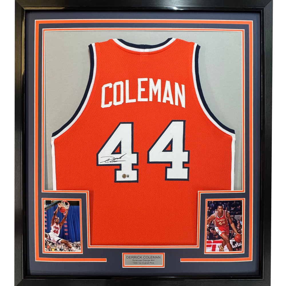 Framed Autographed/Signed Derrick Coleman 35x39 Syracuse Orange College Basketball Jersey Beckett BAS COA