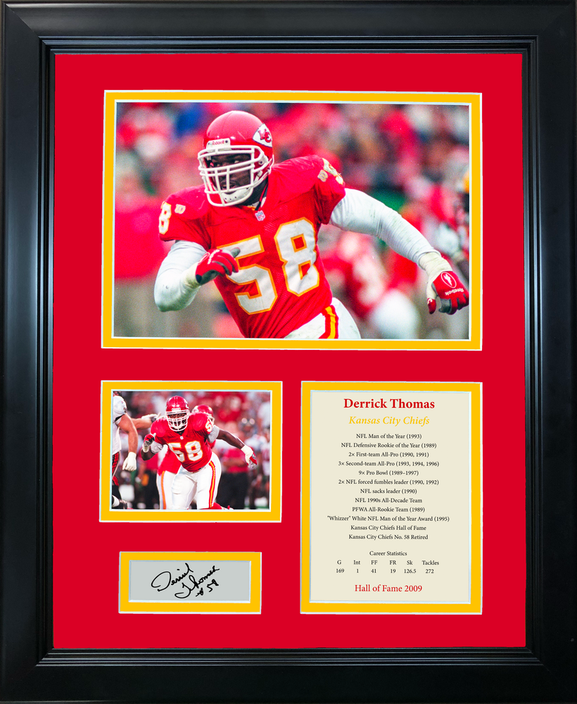 Framed Derrick Thomas Hall of Fame Facsimile Laser Engraved Signature Auto Kansas City Chiefs Football 11"x14" Photo Sig Collage (ONLINE ORDER ONLY)