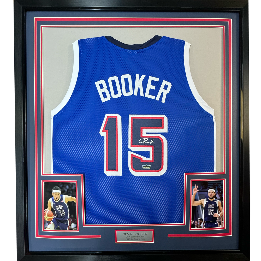 Framed Facsimile Autographed Devin Booker 35x39 2024 United States Team USA Blue Reprint Laser Auto Basketball Jersey (ONLINE ORDER ONLY)