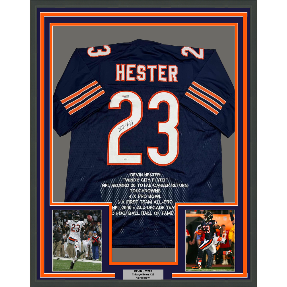 Framed Autographed/Signed Devin Hester 35x39 Chicago Blue Stat Football Jersey JSA COA