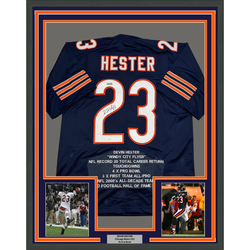 Framed Autographed/Signed Devin Hester 35x39 Chicago Blue Stat Football Jersey JSA COA