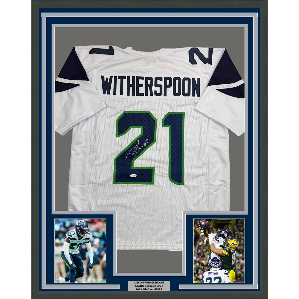 Framed Autographed/Signed Devon Witherspoon 35x39 Seattle White Football Jersey JSA COA