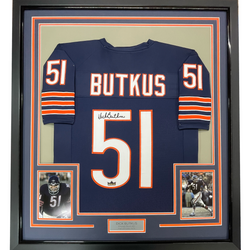 Framed Facsimile Autographed Dick Butkus 35x39 Chicago Blue Reprint Laser Auto Football Jersey (ONLINE ORDER ONLY)