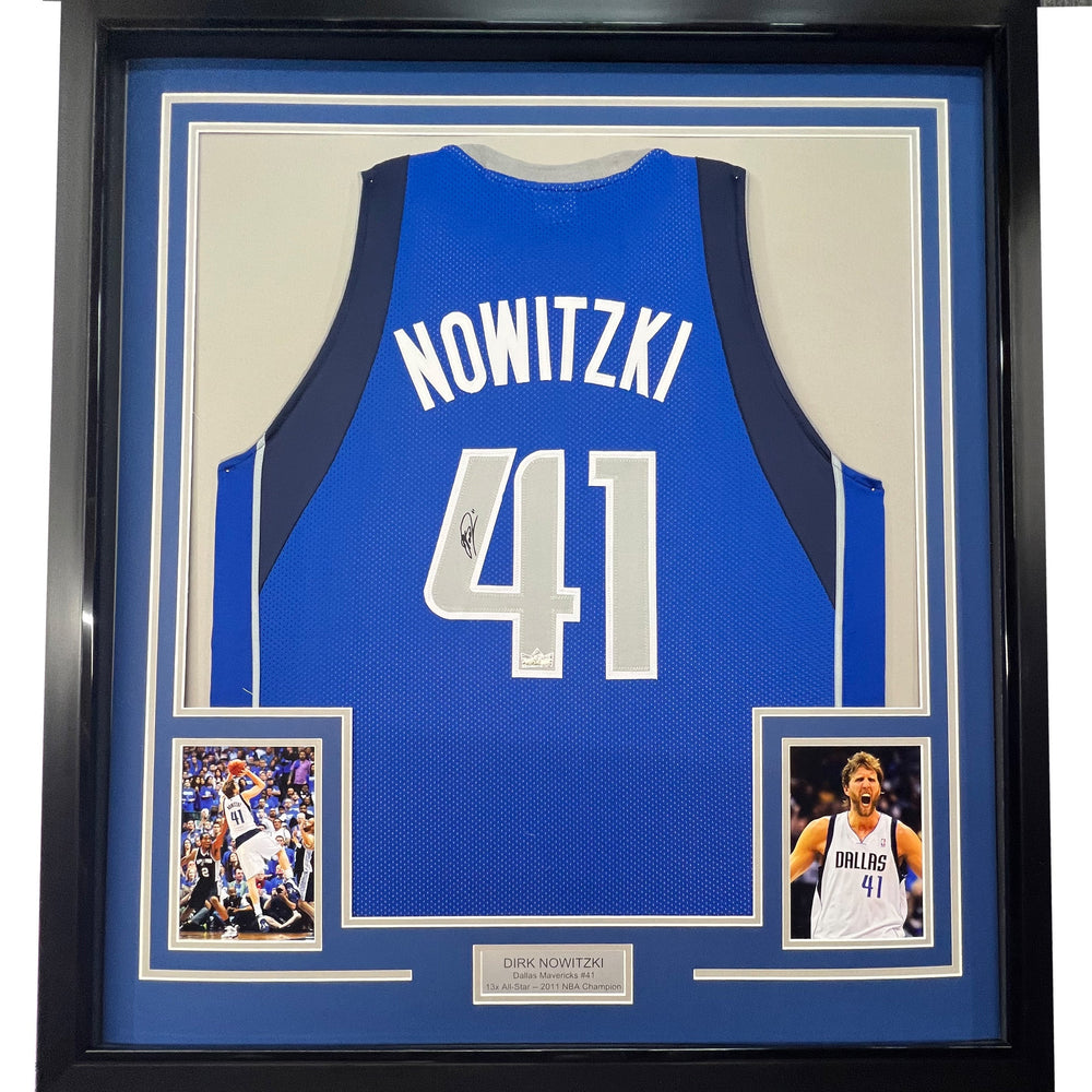 Framed Facsimile Autographed Dirk Nowitzki 35x39 Dallas Blue Reprint Laser Auto Basketball Jersey (ONLINE ORDER ONLY)