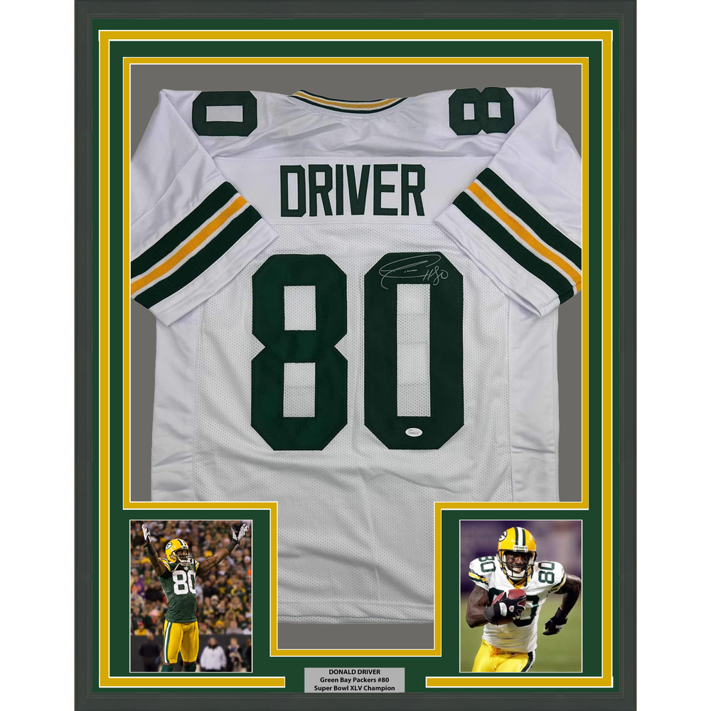 Framed Autographed/Signed Donald Driver 35x39 Green Bay White Football Jersey JSA COA