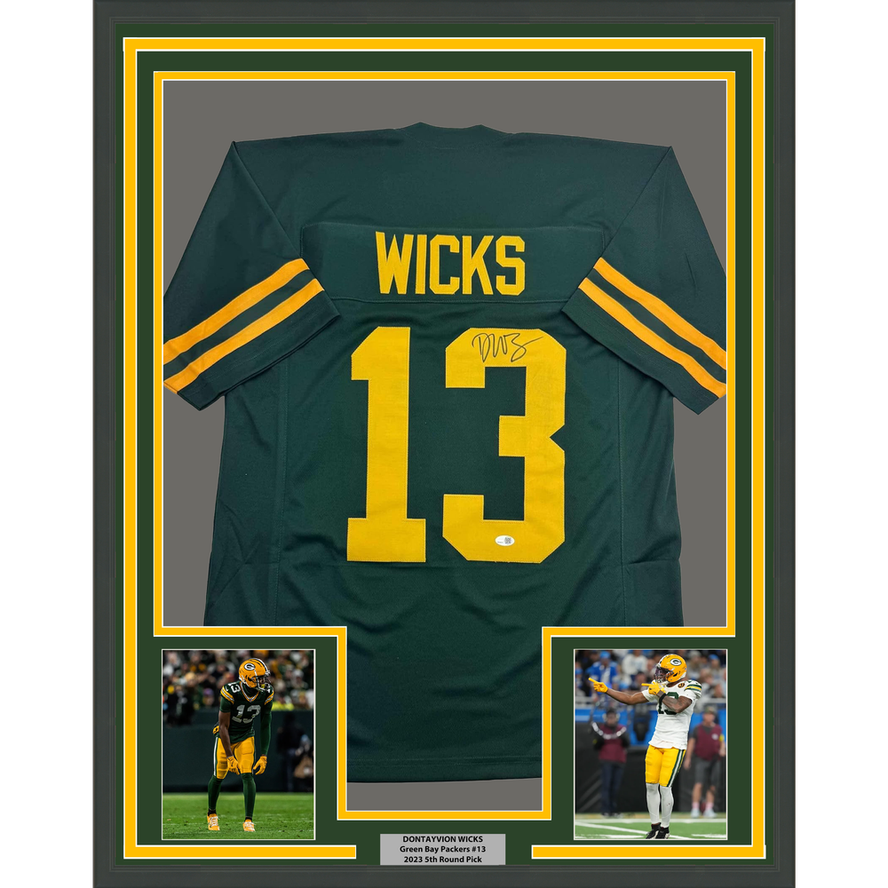 Framed Autographed/Signed Dontayvion Wicks 35x39 Green Bay Color Rush Football Jersey JSA COA