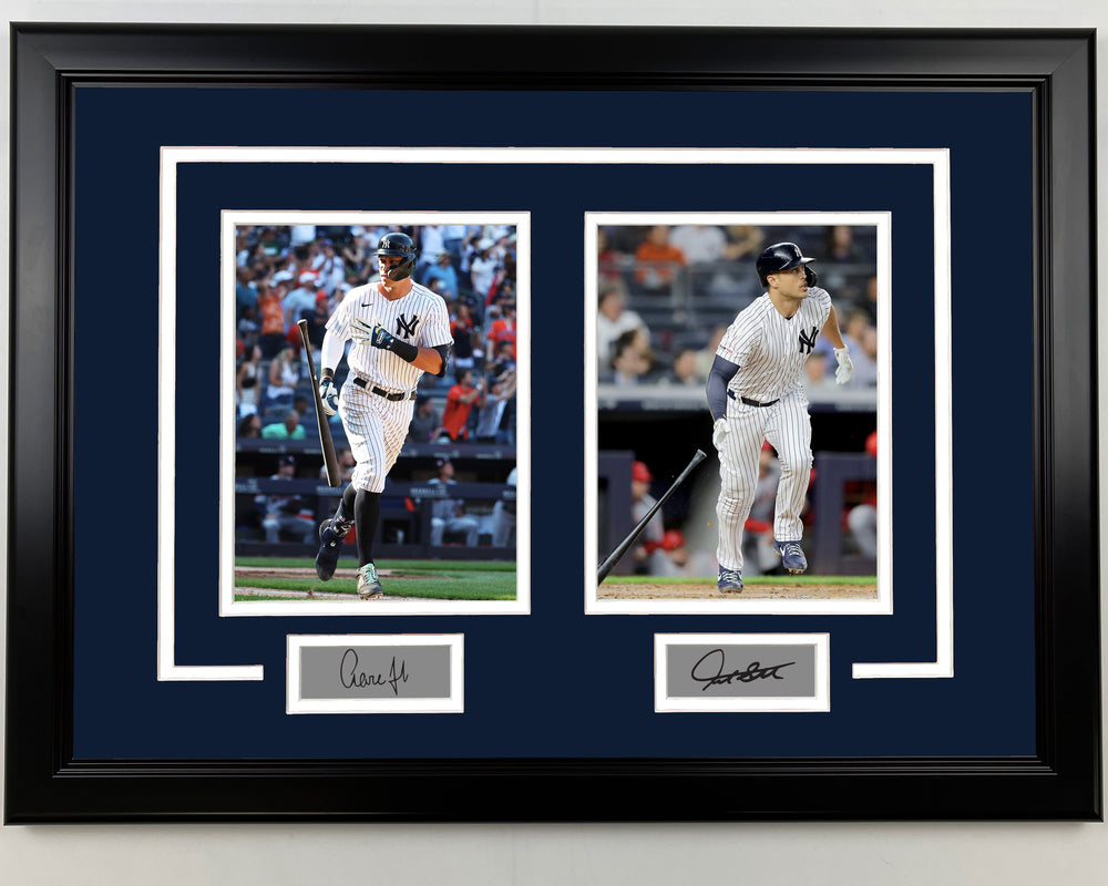 Framed Aaron Judge and Giancarlo Stanton Facsimile Laser Engraved Signatures New York Yankees 17x23 Dual Baseball Photo (ONLINE ORDER ONLY)
