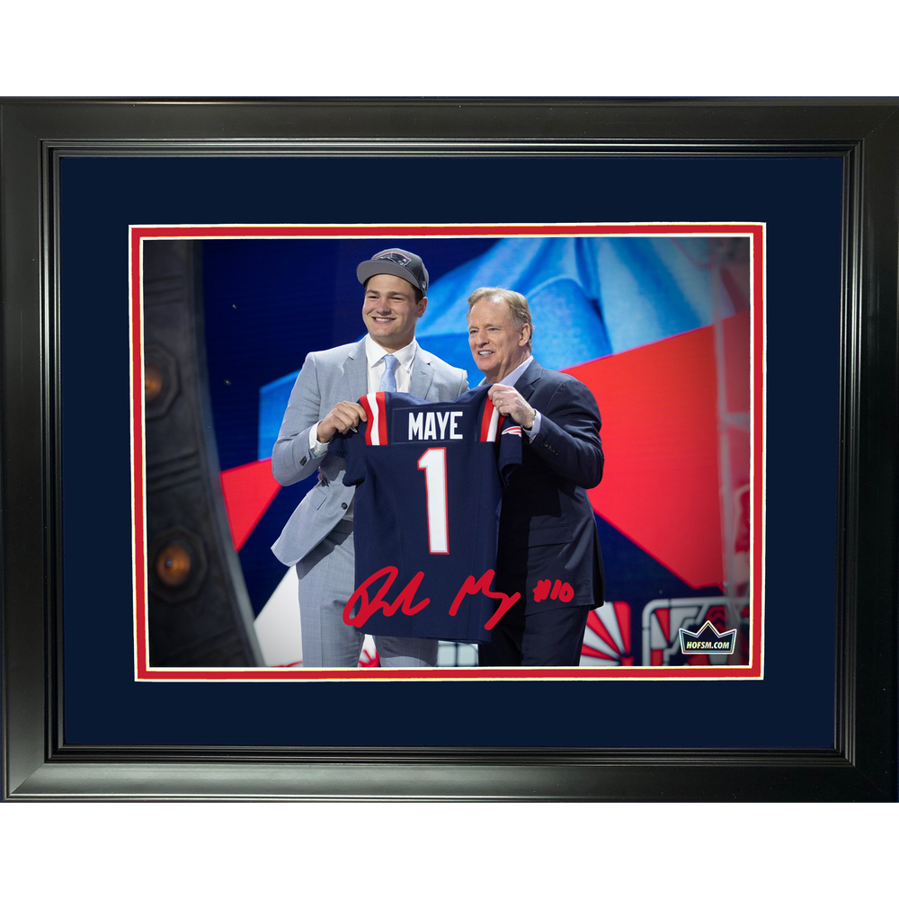 Framed Drake Maye Draft Facsimile Laser Engraved Signature Auto New England Patriots 11"x14" Football Photo HOFSM Holo (ONLINE ORDER ONLY)