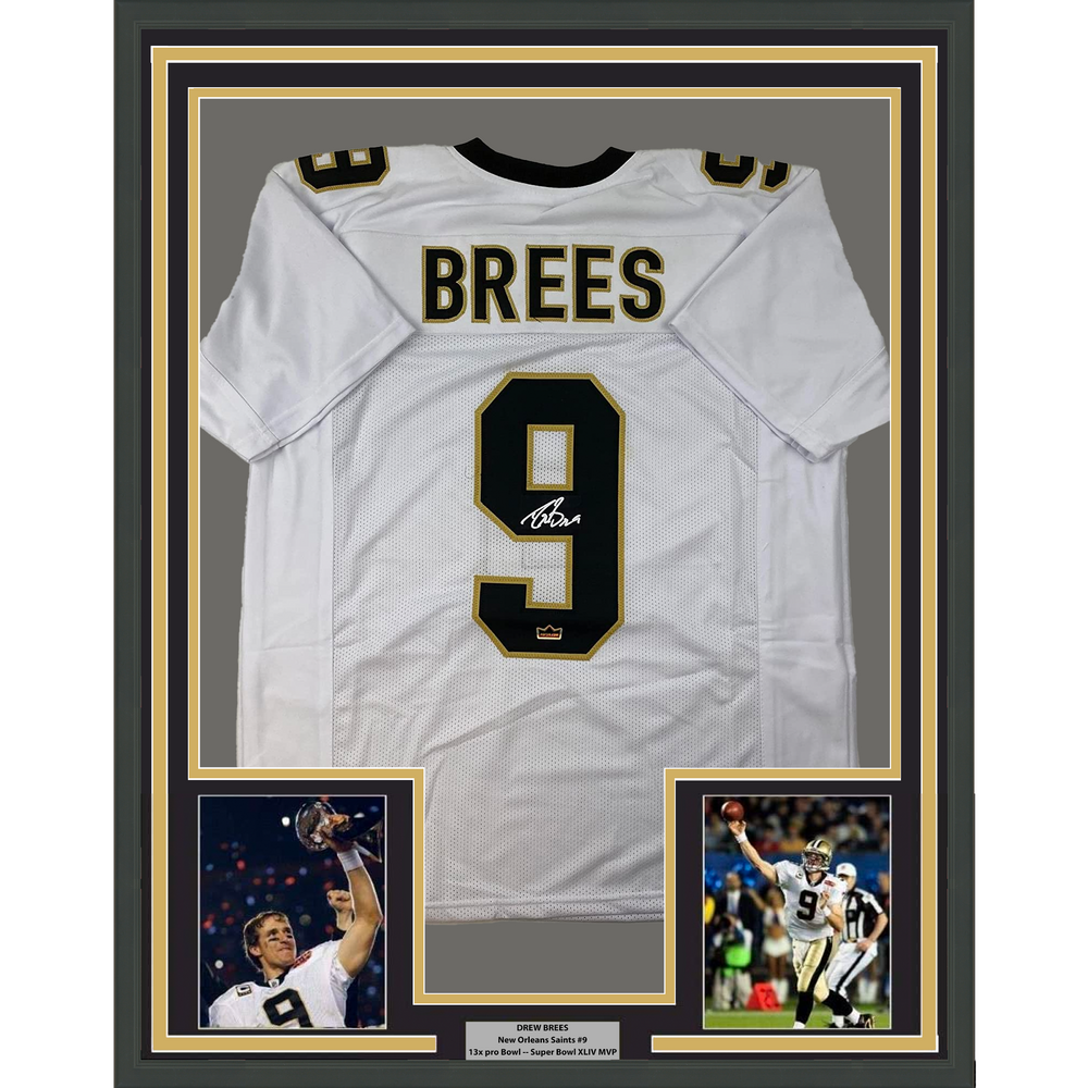 Framed Facsimile Autographed Drew Brees 35x39 New Orleans White Reprint Laser Auto Football Jersey (ONLINE ORDER ONLY)