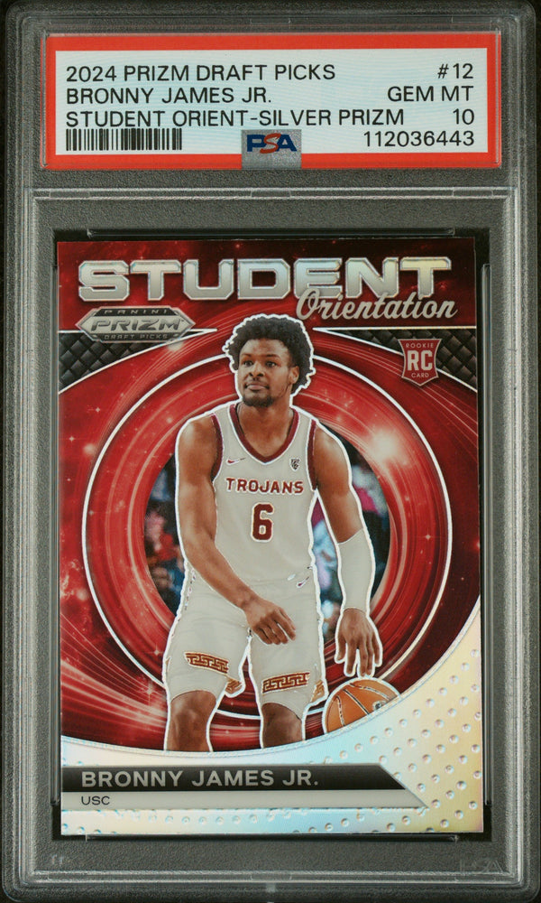 Graded 2024 Panini Prizm Draft Picks Bronny James #12 Student Orientation Silver Prizm Rookie RC Basketball Card PSA 10 Gem Mint (ONLINE ORDER ONLY)