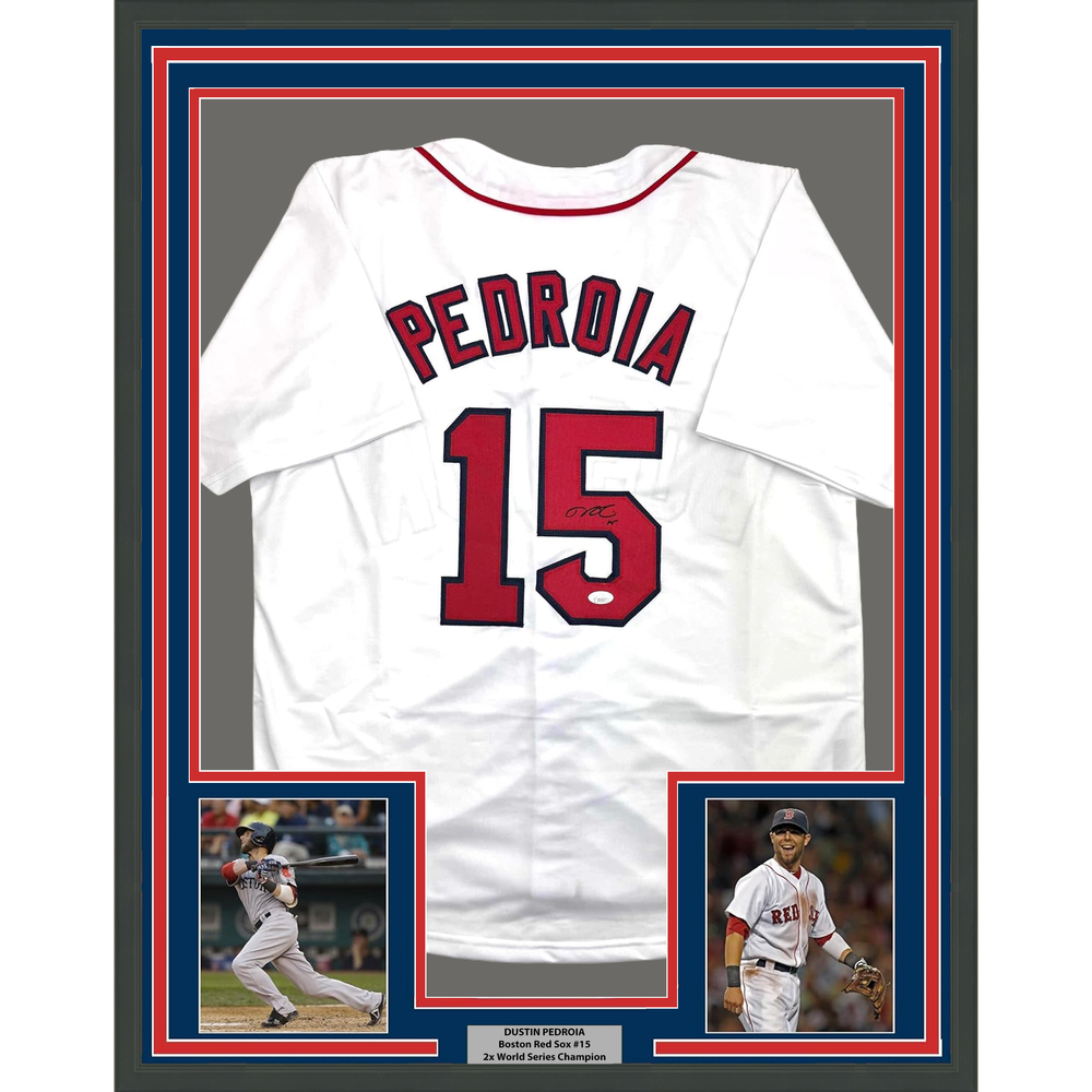 Framed Autographed/Signed Dustin Pedroia 35x39 Boston White Baseball Jersey JSA COA