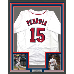 Framed Autographed/Signed Dustin Pedroia 35x39 Boston White Baseball Jersey JSA COA