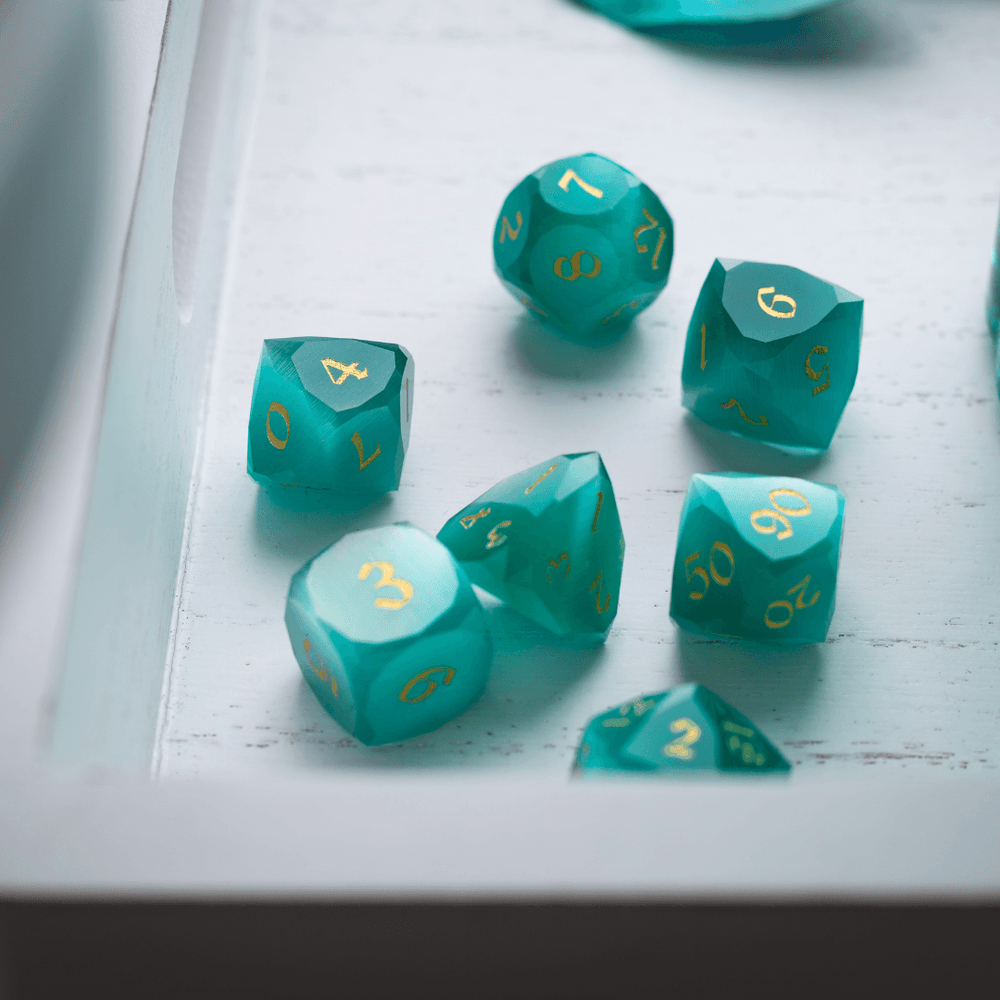 Dwarf Cut Aquamarine Cat’s Eye Gemstone Premium DND Dice Set (ONLINE ORDER ONLY)