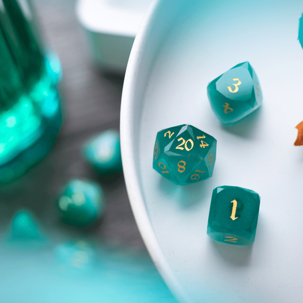Dwarf Cut Aquamarine Cat’s Eye Gemstone Premium DND Dice Set (ONLINE ORDER ONLY)
