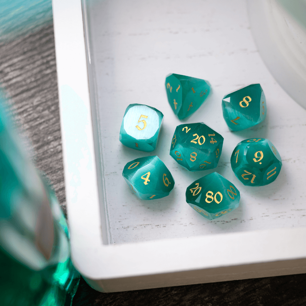 Dwarf Cut Aquamarine Cat’s Eye Gemstone Premium DND Dice Set (ONLINE ORDER ONLY)