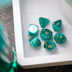 Dwarf Cut Aquamarine Cat’s Eye Gemstone Premium DND Dice Set (ONLINE ORDER ONLY)