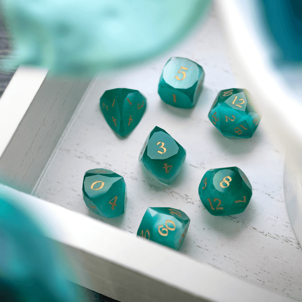 Dwarf Cut Aquamarine Cat’s Eye Gemstone Premium DND Dice Set (ONLINE ORDER ONLY)