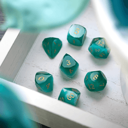 Dwarf Cut Aquamarine Cat’s Eye Gemstone Premium DND Dice Set (ONLINE ORDER ONLY)