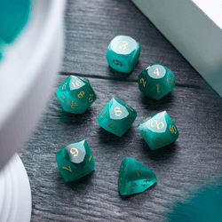 Dwarf Cut Aquamarine Cat’s Eye Gemstone Premium DND Dice Set (ONLINE ORDER ONLY)
