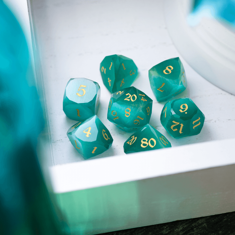 Dwarf Cut Aquamarine Cat’s Eye Gemstone Premium DND Dice Set (ONLINE ORDER ONLY)