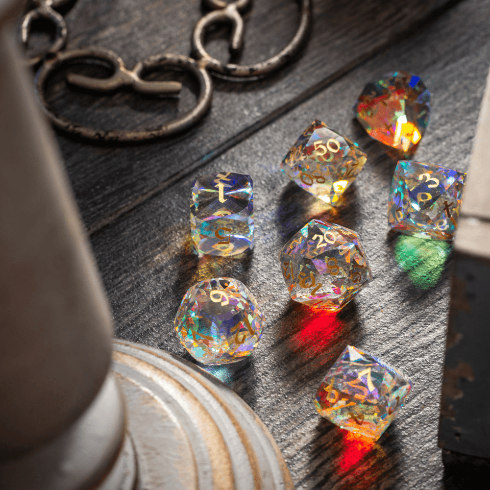 Dwarf Cut Dichroic Glass Premium DND Dice Set (ONLINE ORDER ONLY)