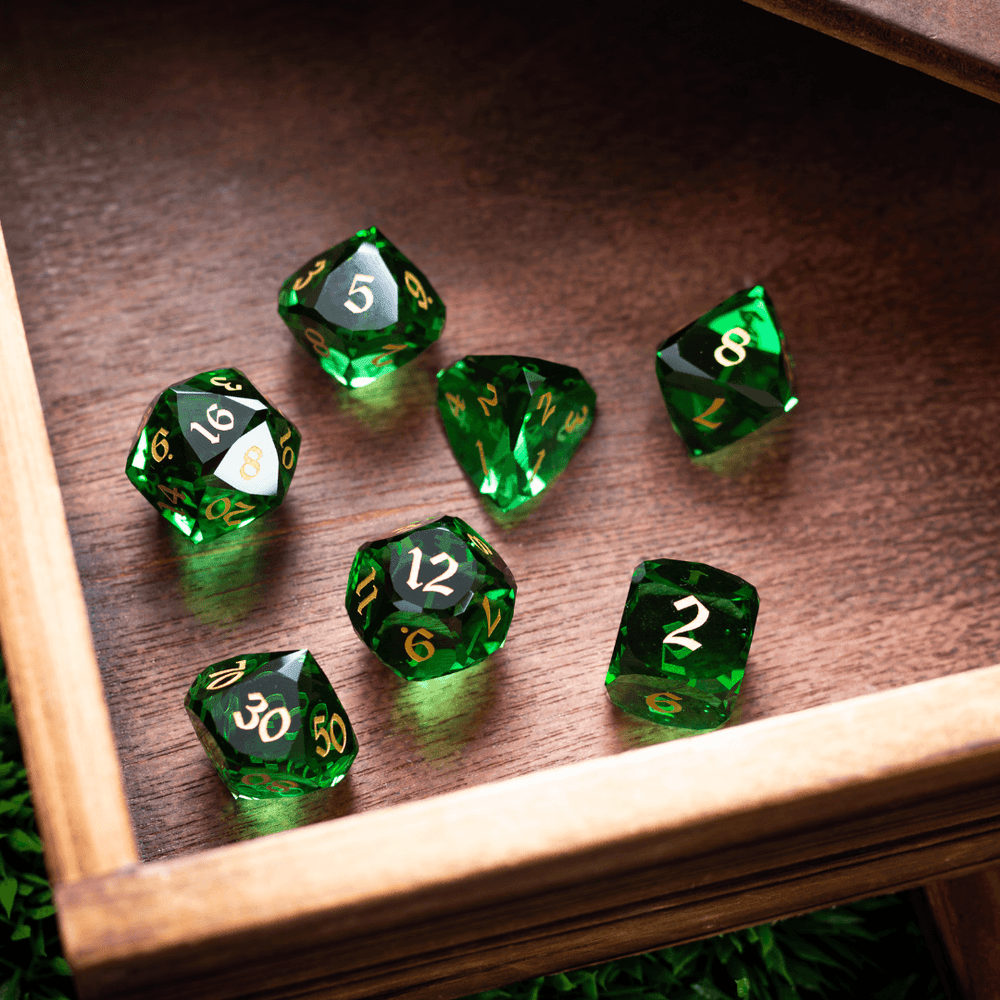 Dwarf Cut Green Gemstone Glass Premium DND Dice Set (ONLINE ORDER ONLY)