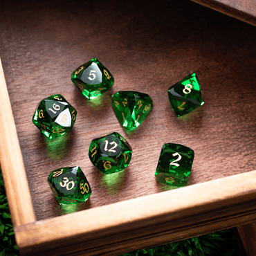 Dwarf Cut Green Gemstone Glass Premium DND Dice Set (ONLINE ORDER ONLY)