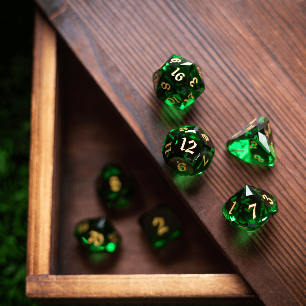 Dwarf Cut Green Gemstone Glass Premium DND Dice Set (ONLINE ORDER ONLY)