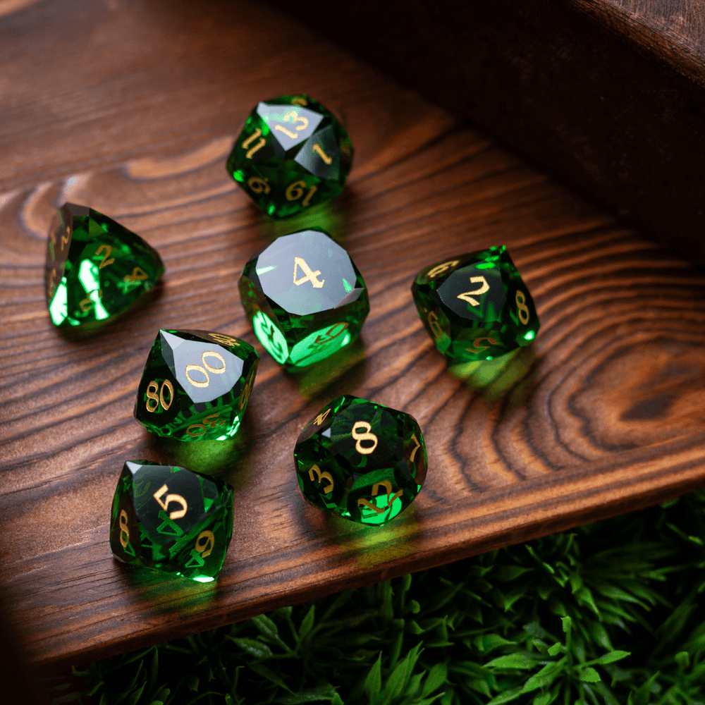 Dwarf Cut Green Gemstone Glass Premium DND Dice Set (ONLINE ORDER ONLY)