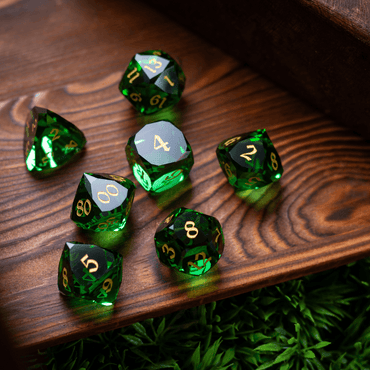 Dwarf Cut Green Gemstone Glass Premium DND Dice Set (ONLINE ORDER ONLY)