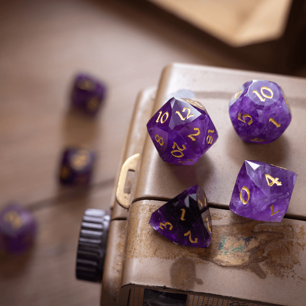 Dwarf Cut Purple Amethyst Gemstone Premium DND Dice Set (ONLINE ORDER ONLY)
