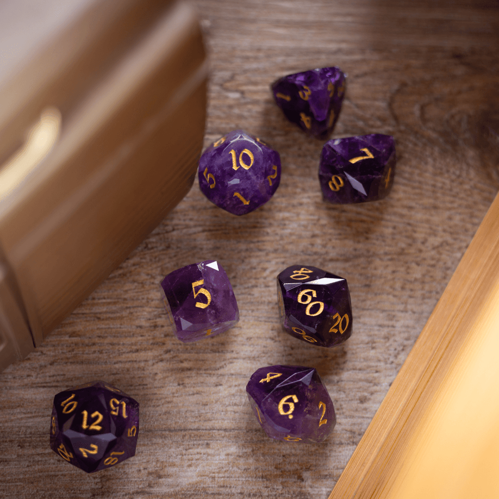 Dwarf Cut Purple Amethyst Gemstone Premium DND Dice Set (ONLINE ORDER ONLY)