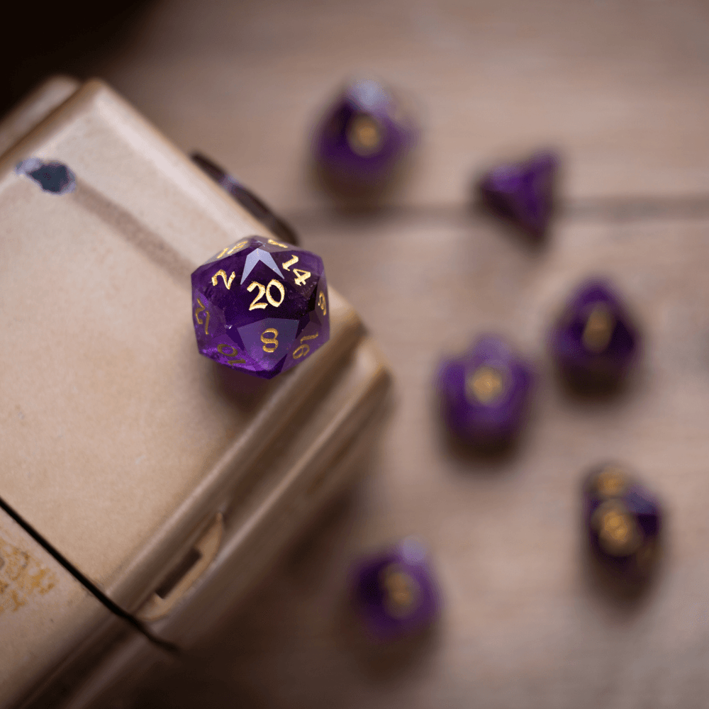 Dwarf Cut Purple Amethyst Gemstone Premium DND Dice Set (ONLINE ORDER ONLY)