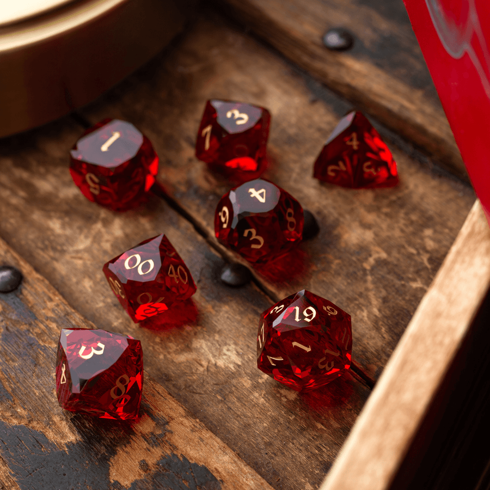 Dwarf Cut Red Gemstone Glass Premium DND Dice Set (ONLINE ORDER ONLY)
