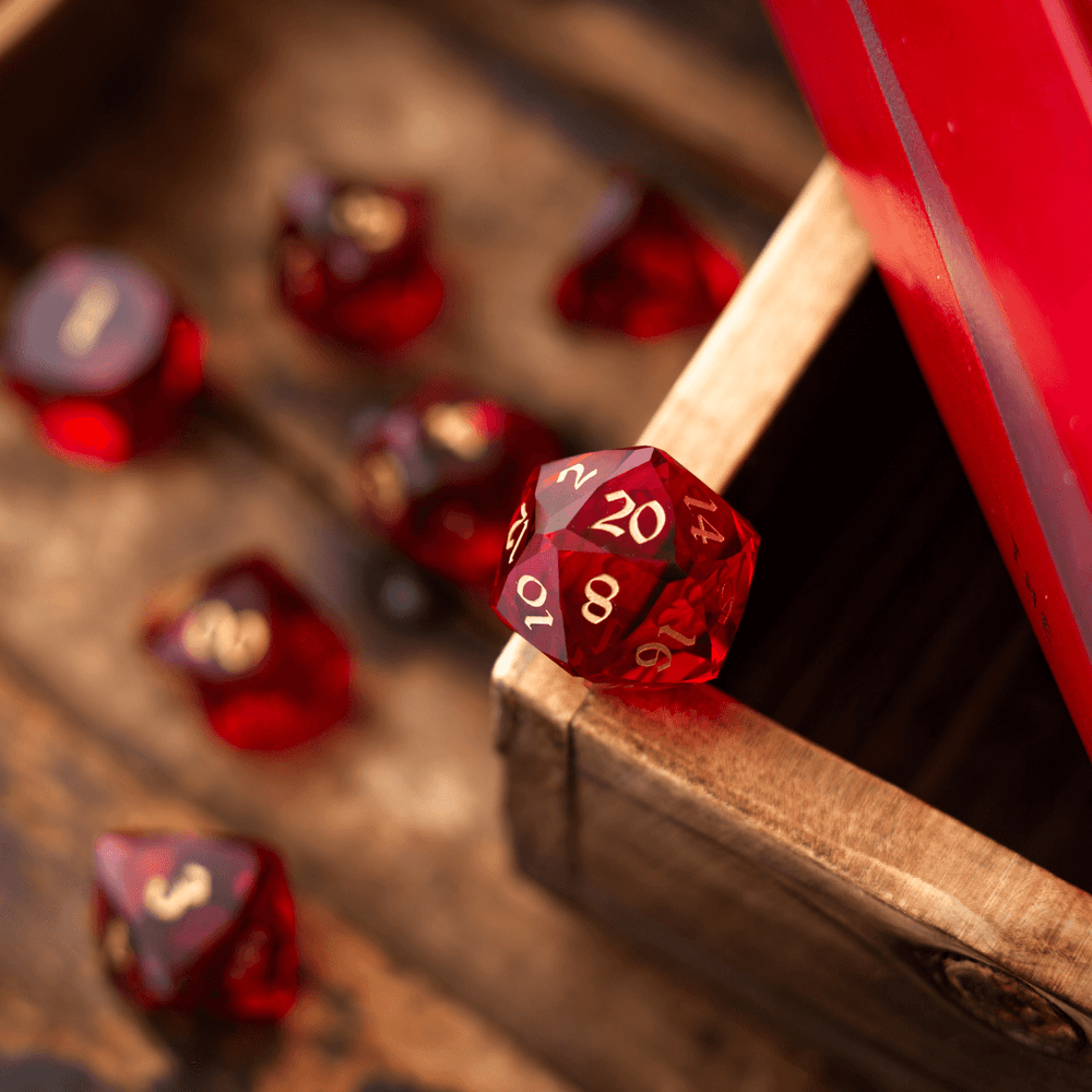 Dwarf Cut Red Gemstone Glass Premium DND Dice Set (ONLINE ORDER ONLY)