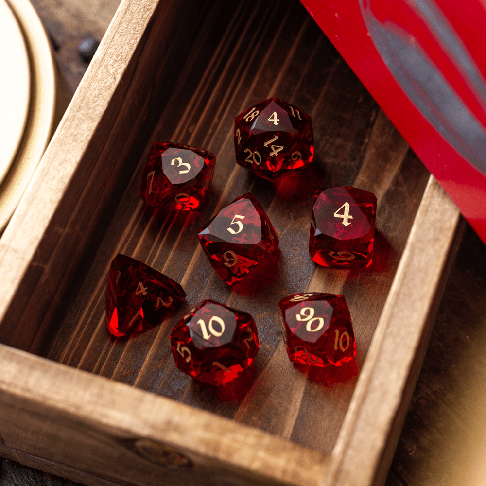 Dwarf Cut Red Gemstone Glass Premium DND Dice Set (ONLINE ORDER ONLY)