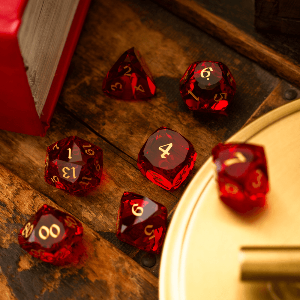 Dwarf Cut Red Gemstone Glass Premium DND Dice Set (ONLINE ORDER ONLY)