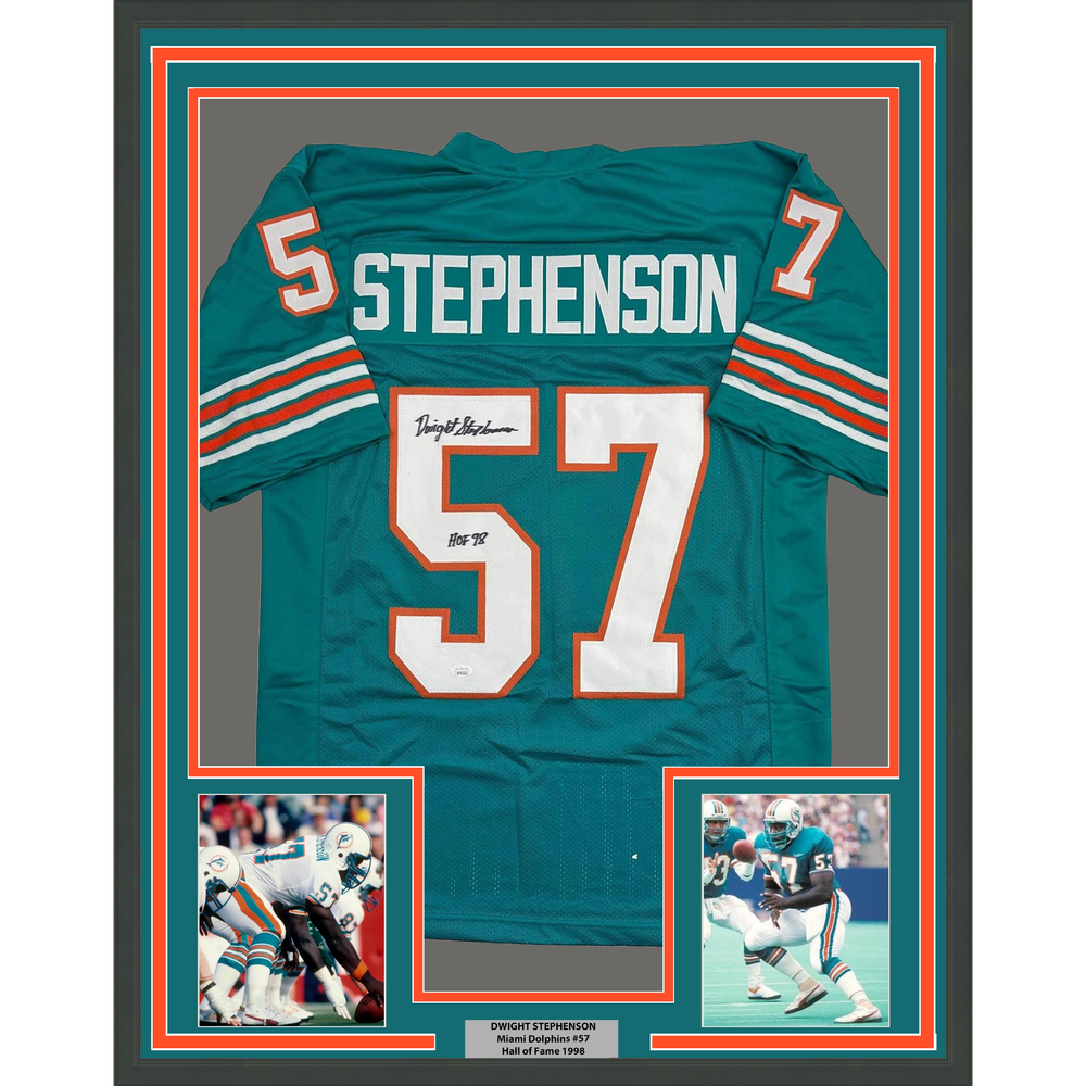 Framed Autographed/Signed Dwight Stephenson 35x39 HOF 98 Miami Teal Football Jersey JSA COA