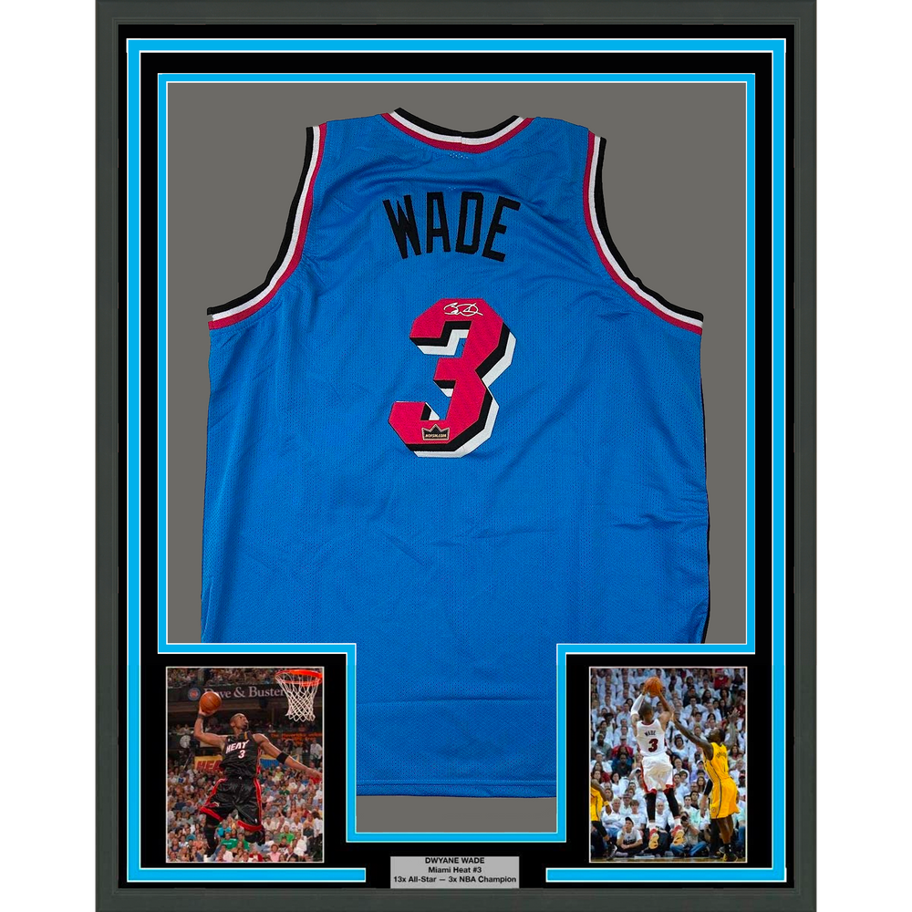 Framed Facsimile Autographed Dwyane Wade 35x39 Miami Blue Vice City Reprint Laser Auto Basketball Jersey (ONLINE ORDER ONLY)