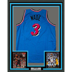 Framed Facsimile Autographed Dwyane Wade 35x39 Miami Blue Vice City Reprint Laser Auto Basketball Jersey (ONLINE ORDER ONLY)