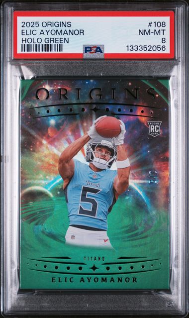 2025 Panini Origins Holo Green Elic Ayomanor #108 1/5 Rookie RC Football Card PSA 8 NM-MT (ONLINE ORDER ONLY)
